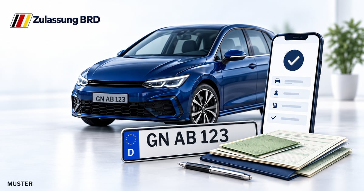 Online Fahrzeugzulassung in Erlensee: Musterkennzeichen GN AB 123, Auto und Fahrzeugpapiere und Smartphone. Illustration mit Logo von Zulassung BRD.